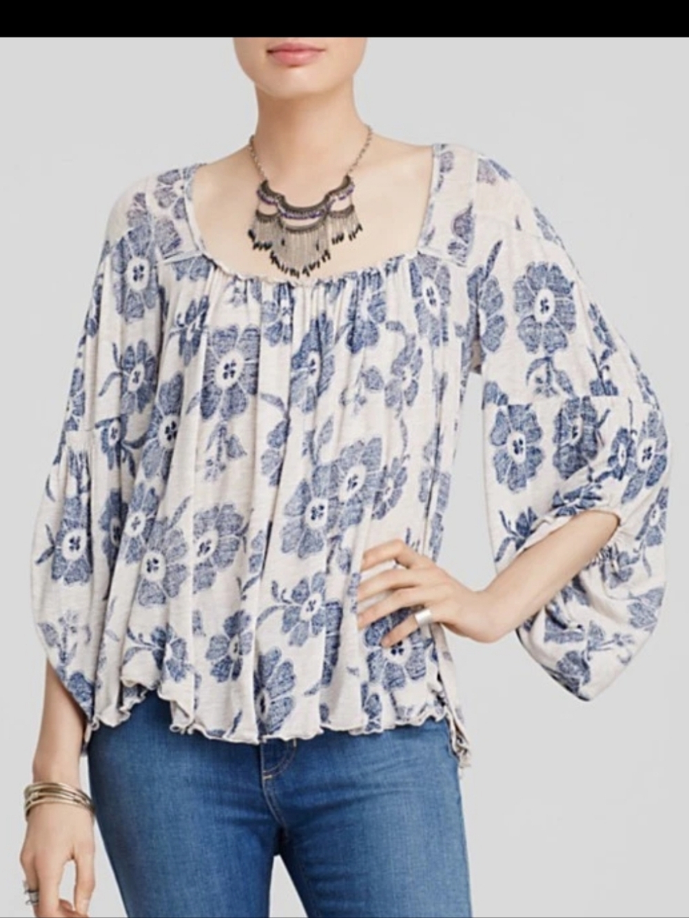 Free People Zoe Printed Blouse Size XS Gray/Blue - Picture 1 of 10